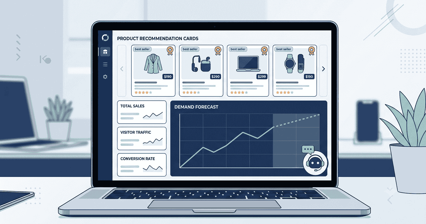AI-powered retail analytics dashboard showing product recommendations, demand forecasting, sales performance, customer insights, and inventory analytics for e-commerce businesses.