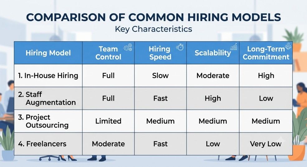 Table comparing the pros and cons of in-house hiring versus staff augmentation, outsourcing, and freelancers.
