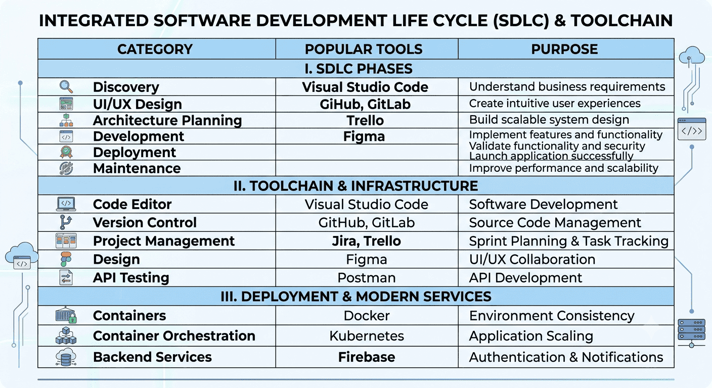 An integrated chart showing the Software Development Life Cycle (SDLC) phases and the corresponding toolchain. The diagram lists popular tools for code, design, and deployment, culminating in Backend Services including Firebase for authentication.
