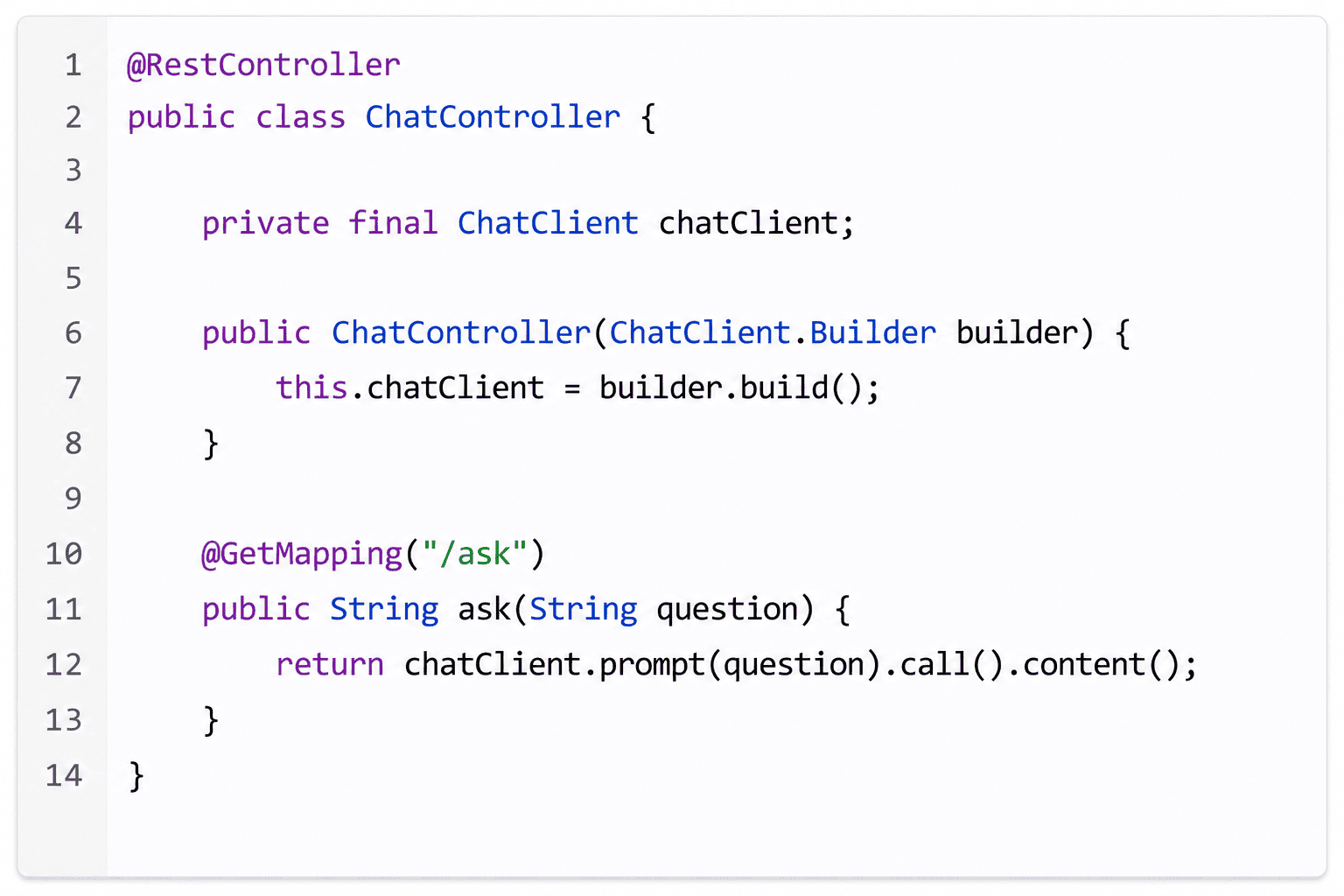 Spring Boot ChatController example using Spring AI ChatClient to create a REST API endpoint that accepts user questions and returns AI-generated responses from a large language model.