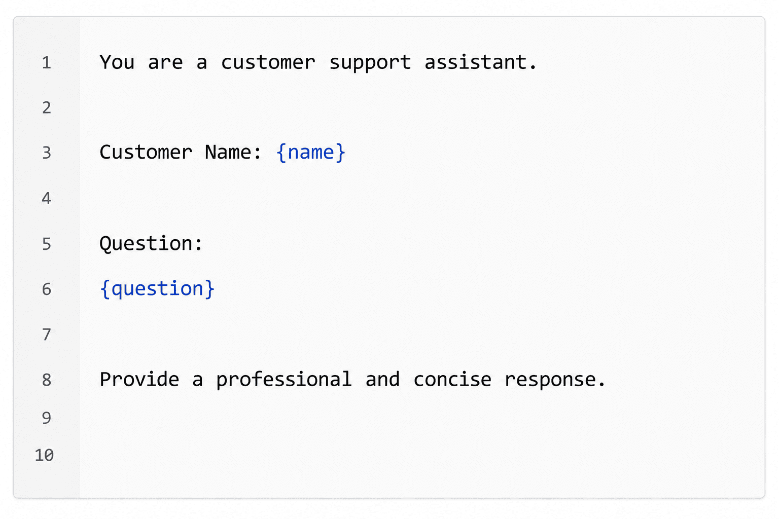 Spring AI prompt template example for a customer support assistant, demonstrating dynamic placeholders for customer name and question to generate professional AI-powered responses in a Spring Boot application.