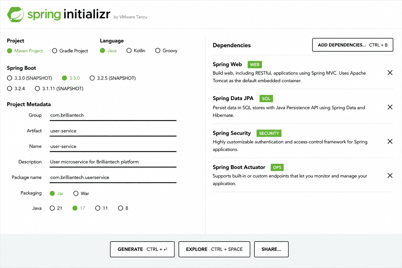 Spring Initializr project configuration showing Spring Web, Spring Data JPA, Spring Security, and Spring Boot Actuator dependencies for creating a Spring Boot microservice.