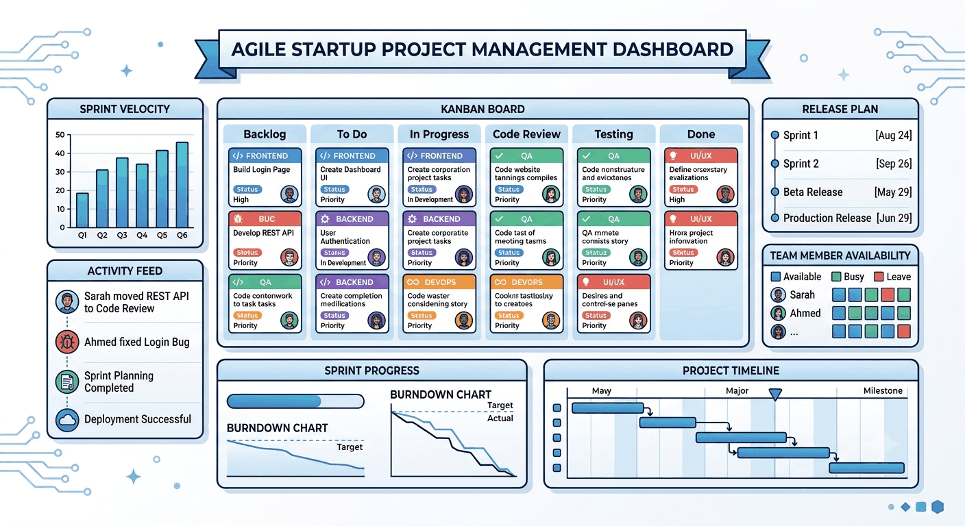 Agile startup project management dashboard showing Kanban board, sprint velocity, burndown chart, release plan, and project timeline