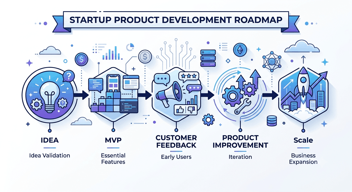 Startup MVP development roadmap showing idea validation, MVP launch, customer feedback, product improvement, and business scaling