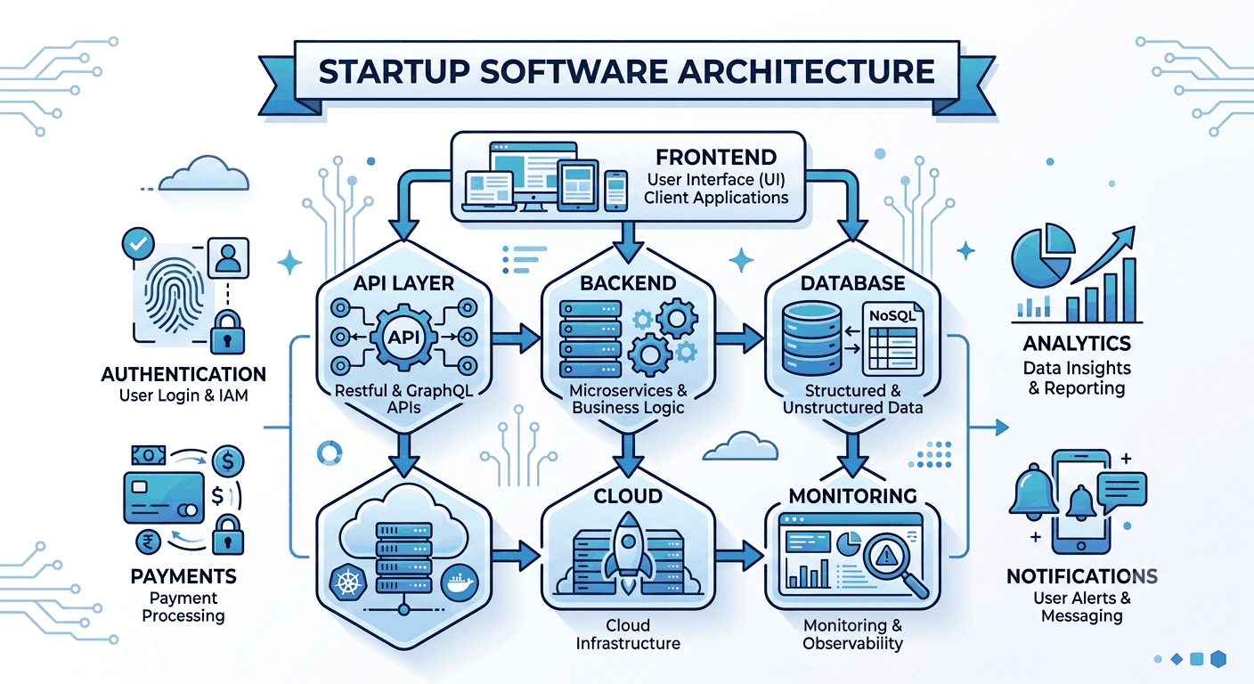Startup software architecture showing frontend backend database and cloud infrastructure