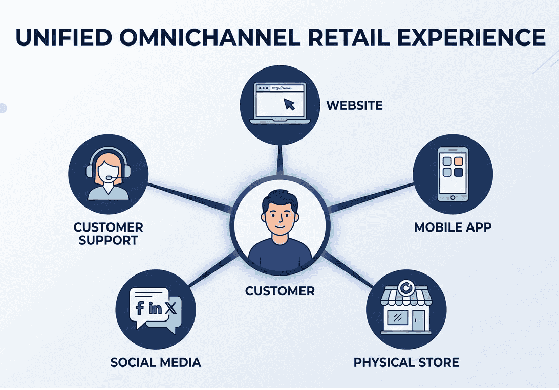Unified omnichannel retail experience connecting websites, mobile apps, physical stores, social media, and customer support into one seamless customer journey.