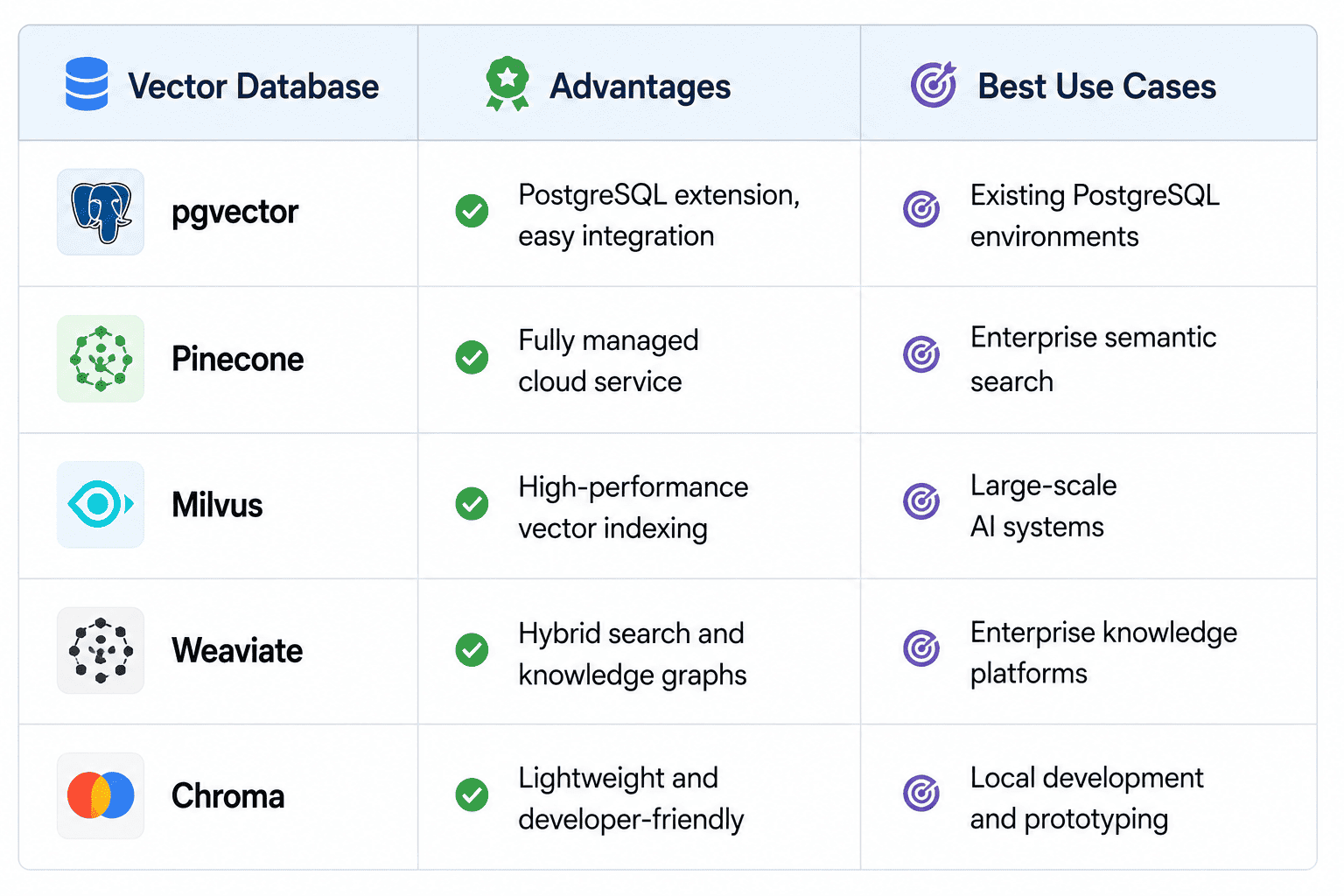 Comparison table of vector databases for enterprise AI applications, highlighting pgvector, Pinecone, Milvus, Weaviate, and Chroma with their key advantages and best use cases for semantic search, retrieval-augmented generation (RAG), enterprise knowledge platforms, and AI development.