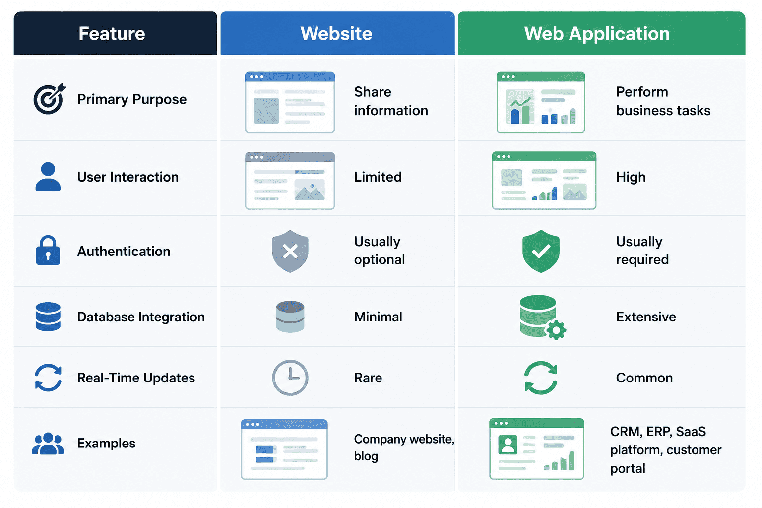 Comparison of a website vs web application highlighting differences in purpose, user interaction, authentication, database integration, and real-time functionality.